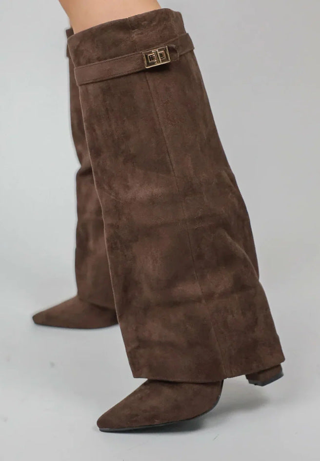 Pointed toe wide-leg mid-length boots