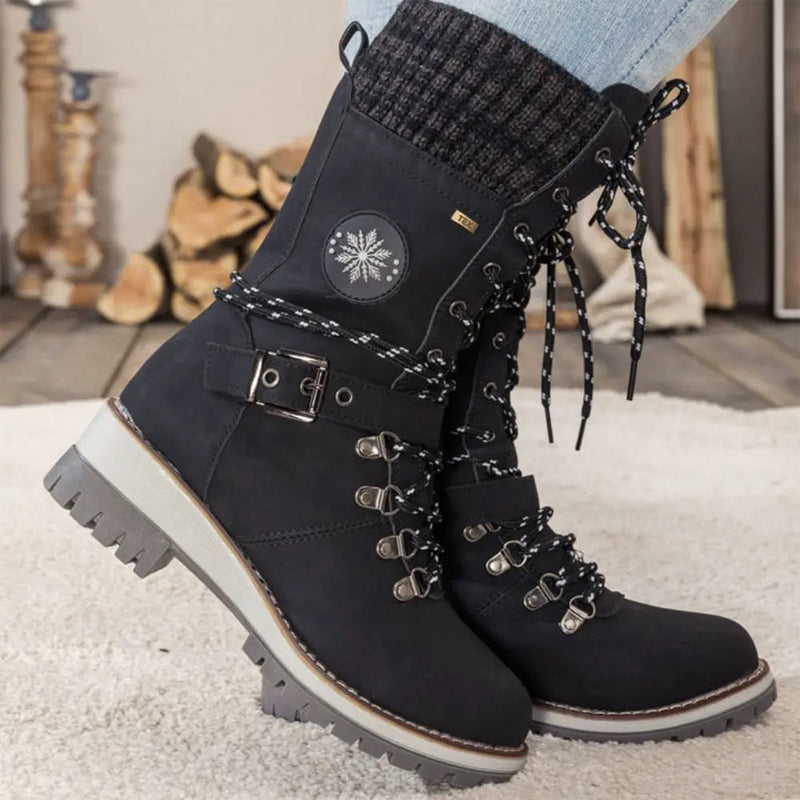 Knit Cuff & Buckle Lace-Up Snow Boots
