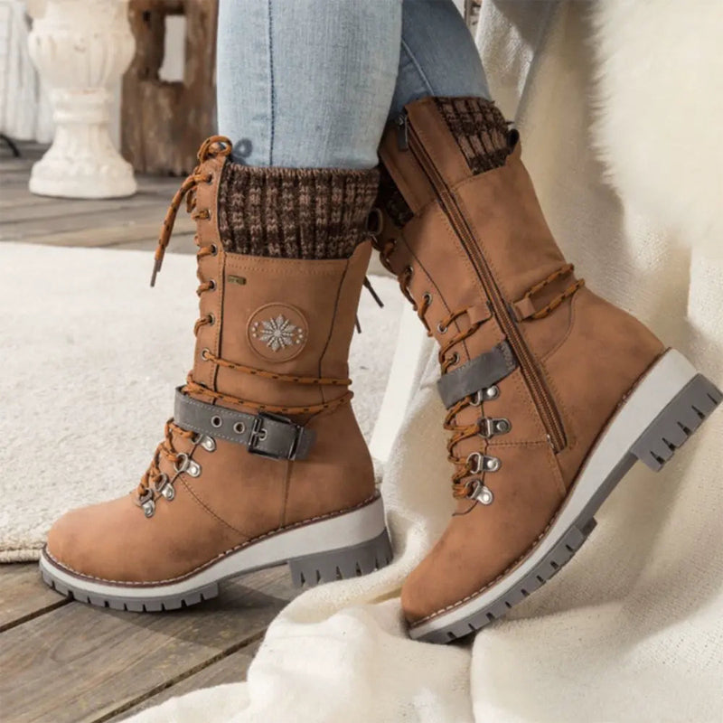 Knit Cuff & Buckle Lace-Up Snow Boots
