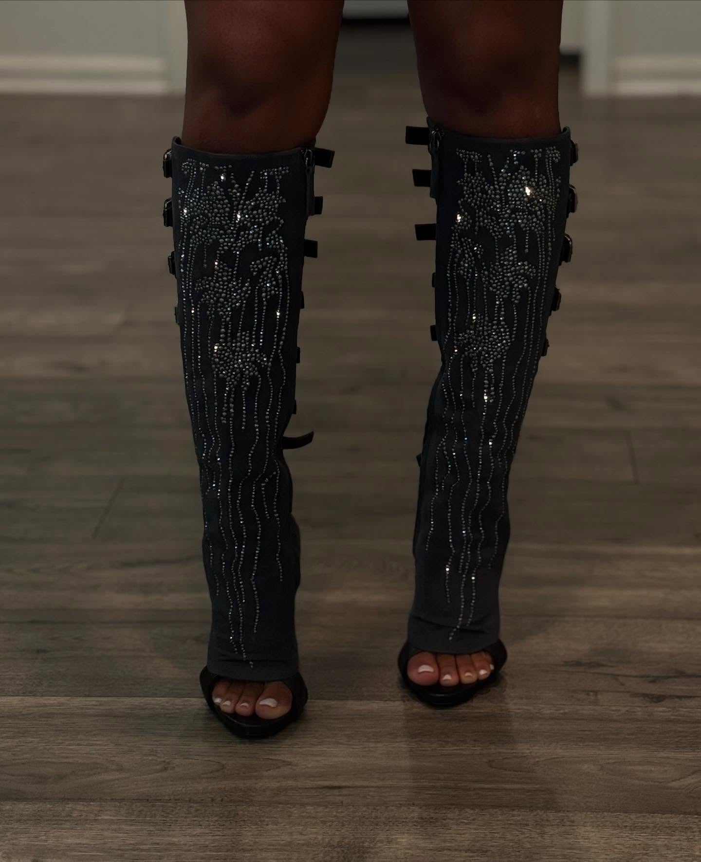 Crystal buckle open-toe high-heeled boots