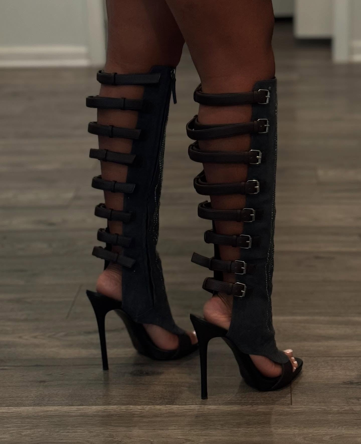 Crystal buckle open-toe high-heeled boots