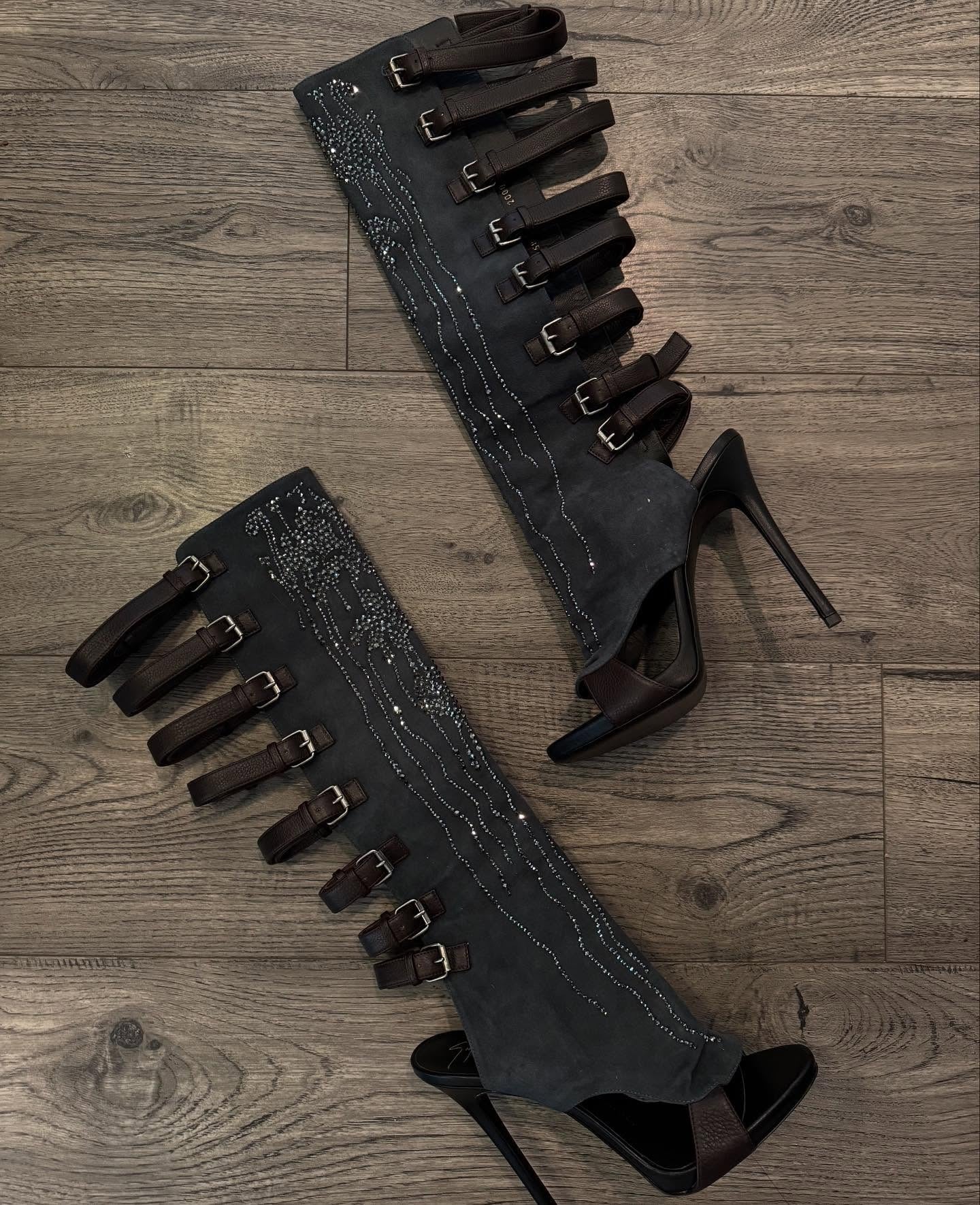Crystal buckle open-toe high-heeled boots