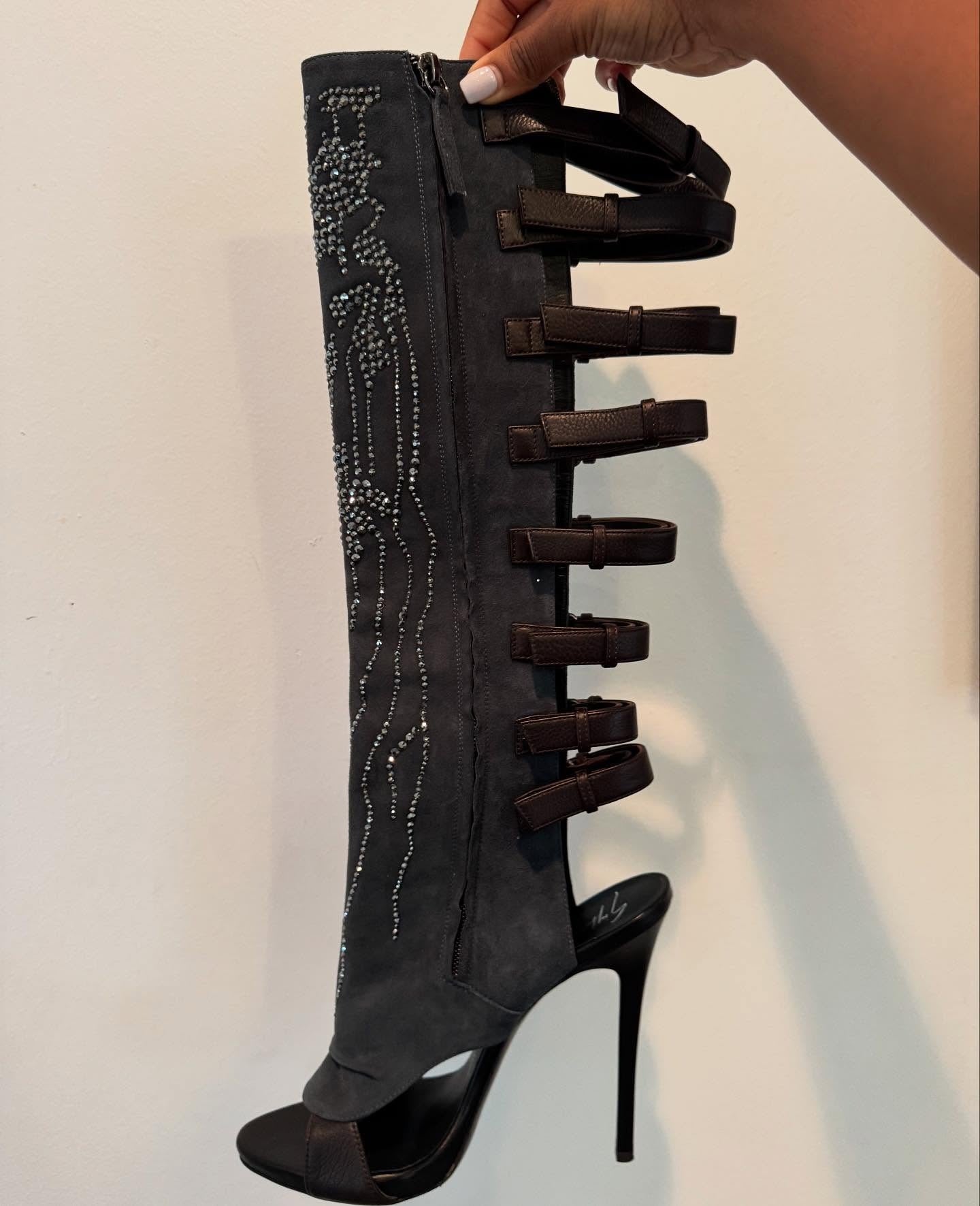 Crystal buckle open-toe high-heeled boots