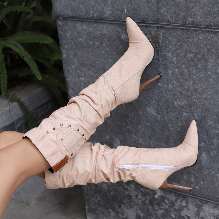 Zipper rivet high heel boots