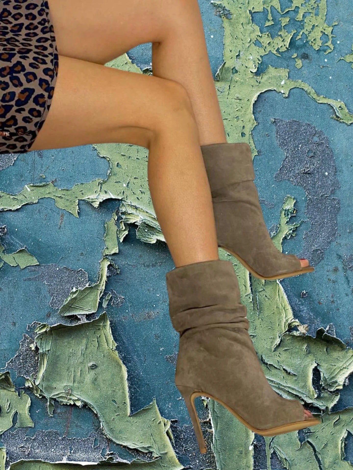 Khaki open-toe high-heeled ankle boots