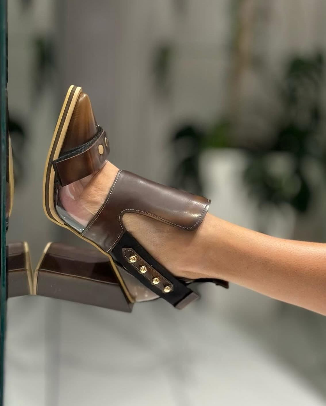 Leather unique block heel high heels