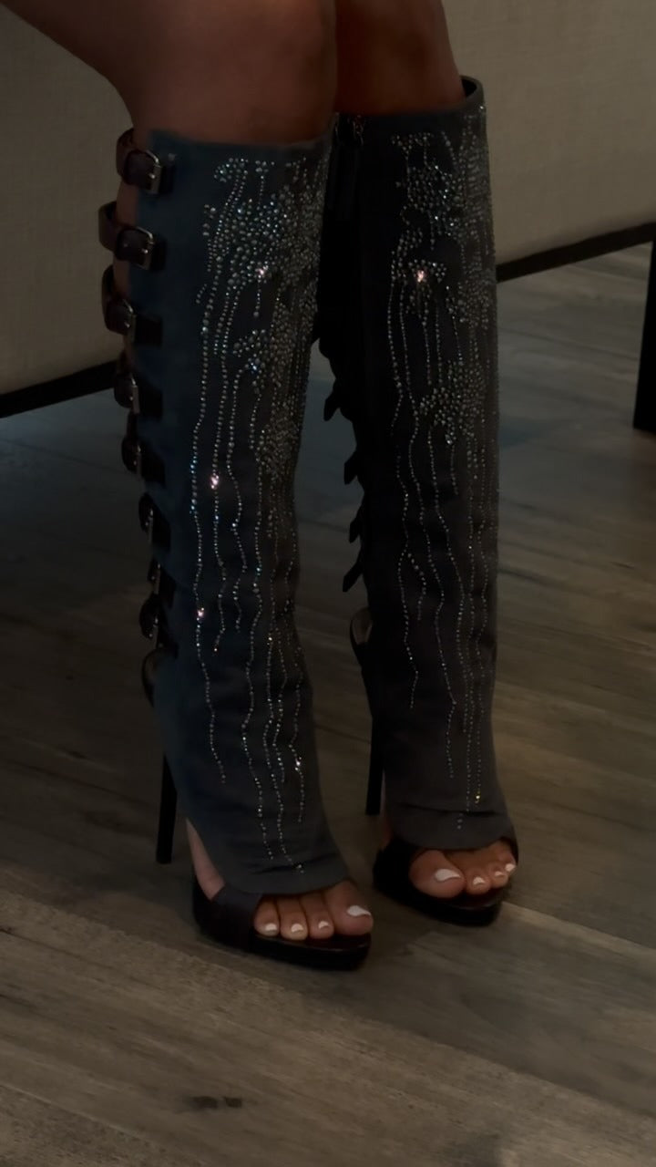 Crystal buckle open-toe high-heeled boots