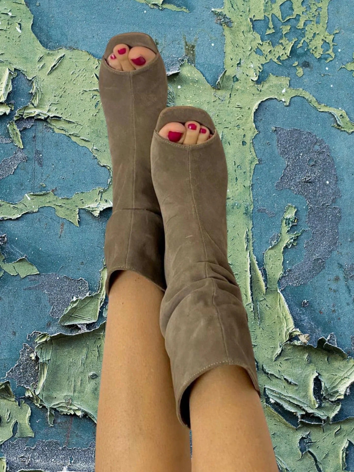 Khaki open-toe high-heeled ankle boots