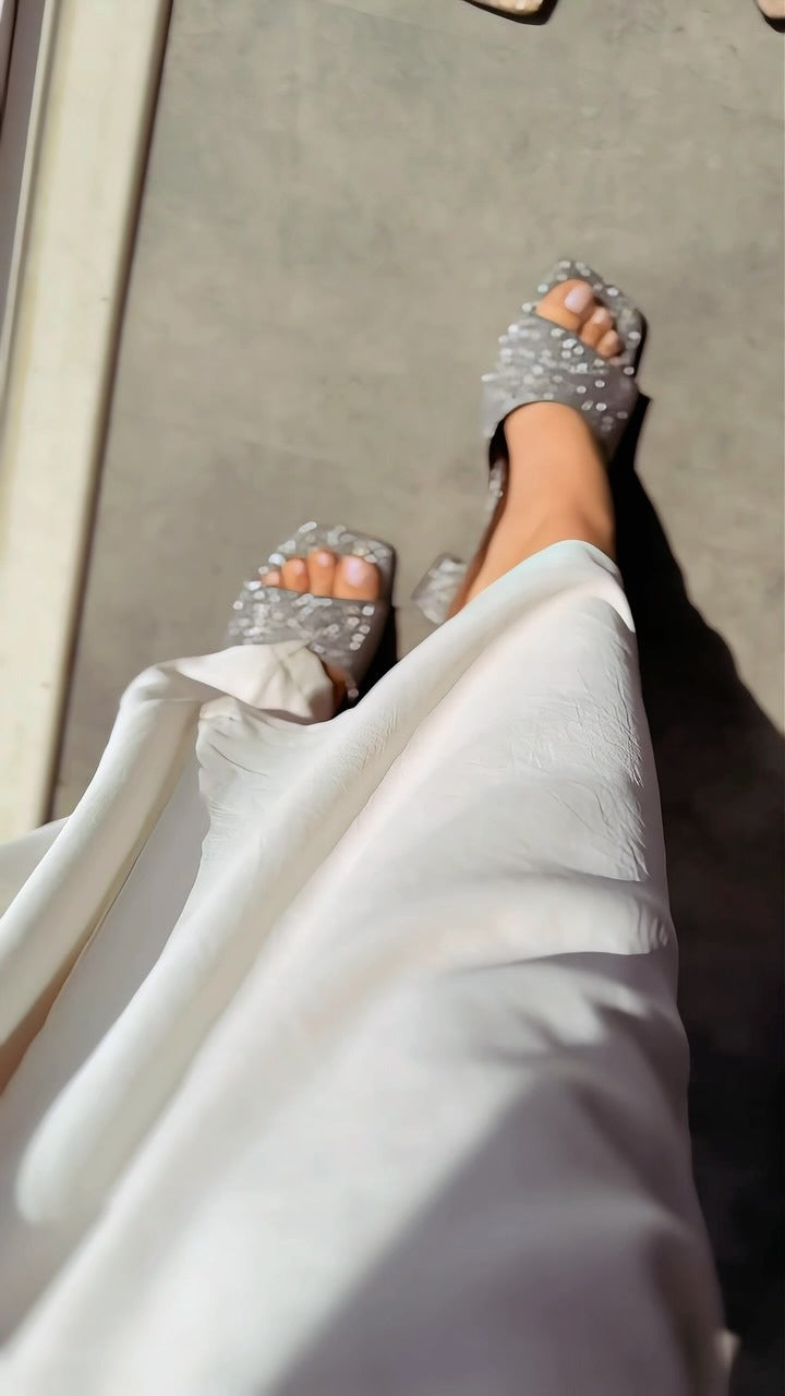 Silver diamond chunky heel women's shoes