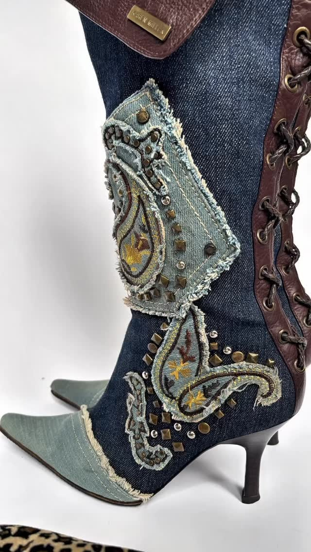 Denim and leather patchwork high-heeled boots