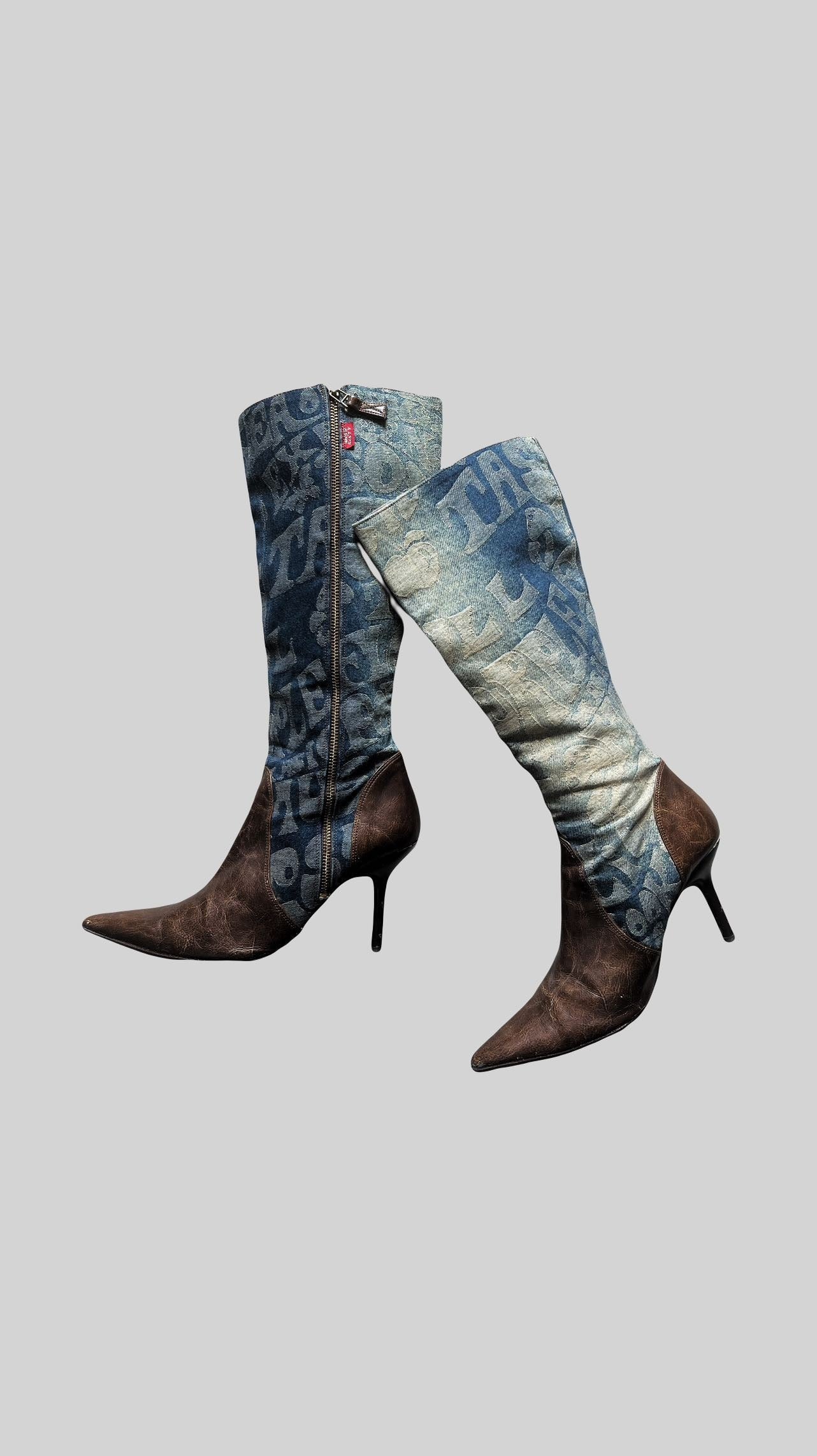 Denim patchwork leather pointed salmon