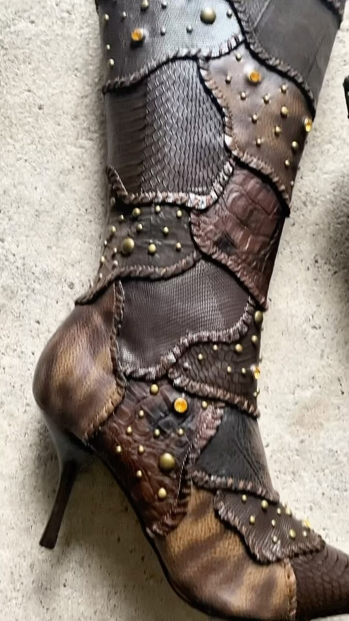 Leather-trimmed, studded, and rhinestone-studded women's long boots
