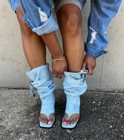 Blue denim open-toe ankle boots