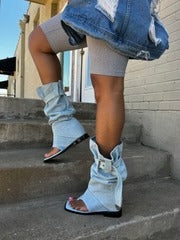 Blue denim open-toe ankle boots