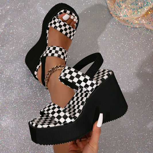 Summer black and white plaid wedge high heels