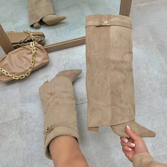 Pointed toe wide-leg mid-length boots