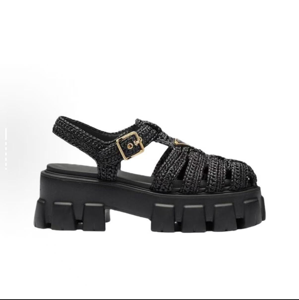 Platform woven gold label sandals
