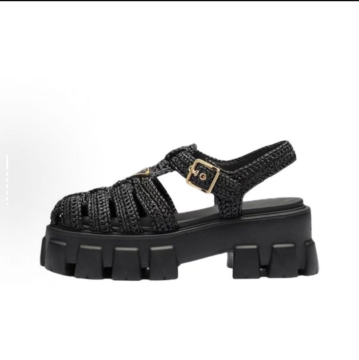 Platform woven gold label sandals