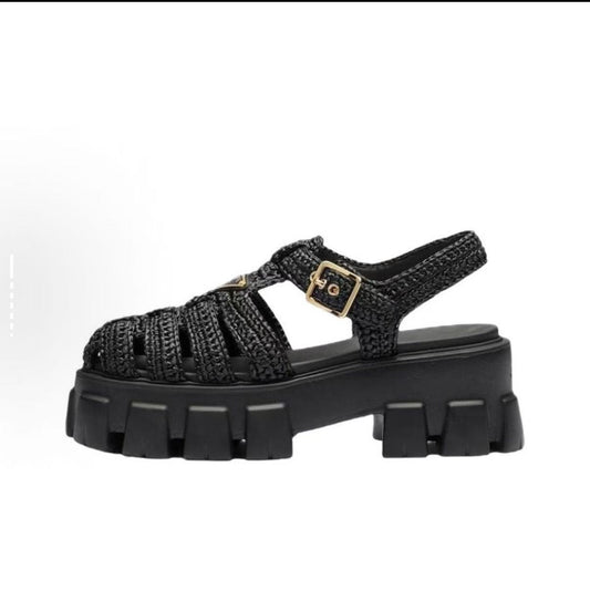 Platform woven gold label sandals