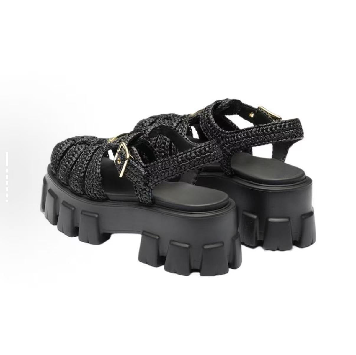 Platform woven gold label sandals