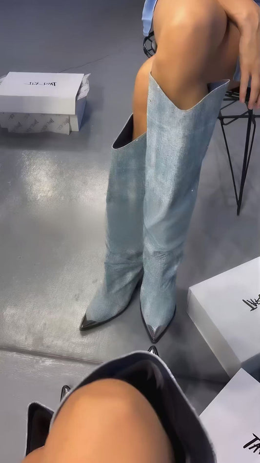 Denim pointed toe colorblock boots