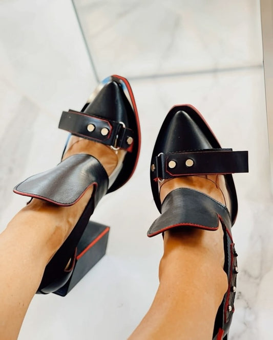 Leather unique block heel high heels