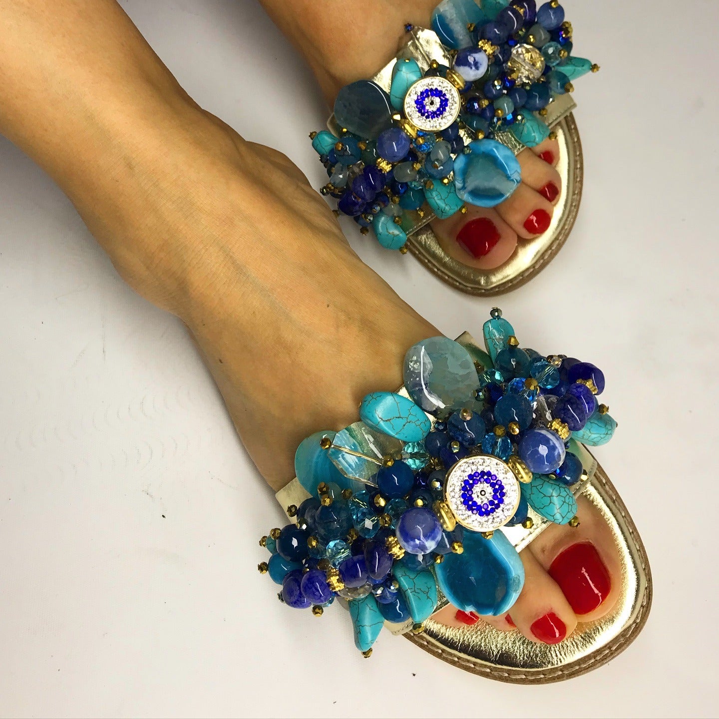 Genuine leather natural gemstone slippers