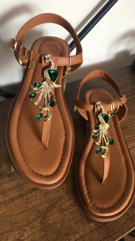 Green rhinestone sandals