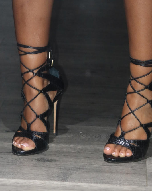 Black mesh leather high heels