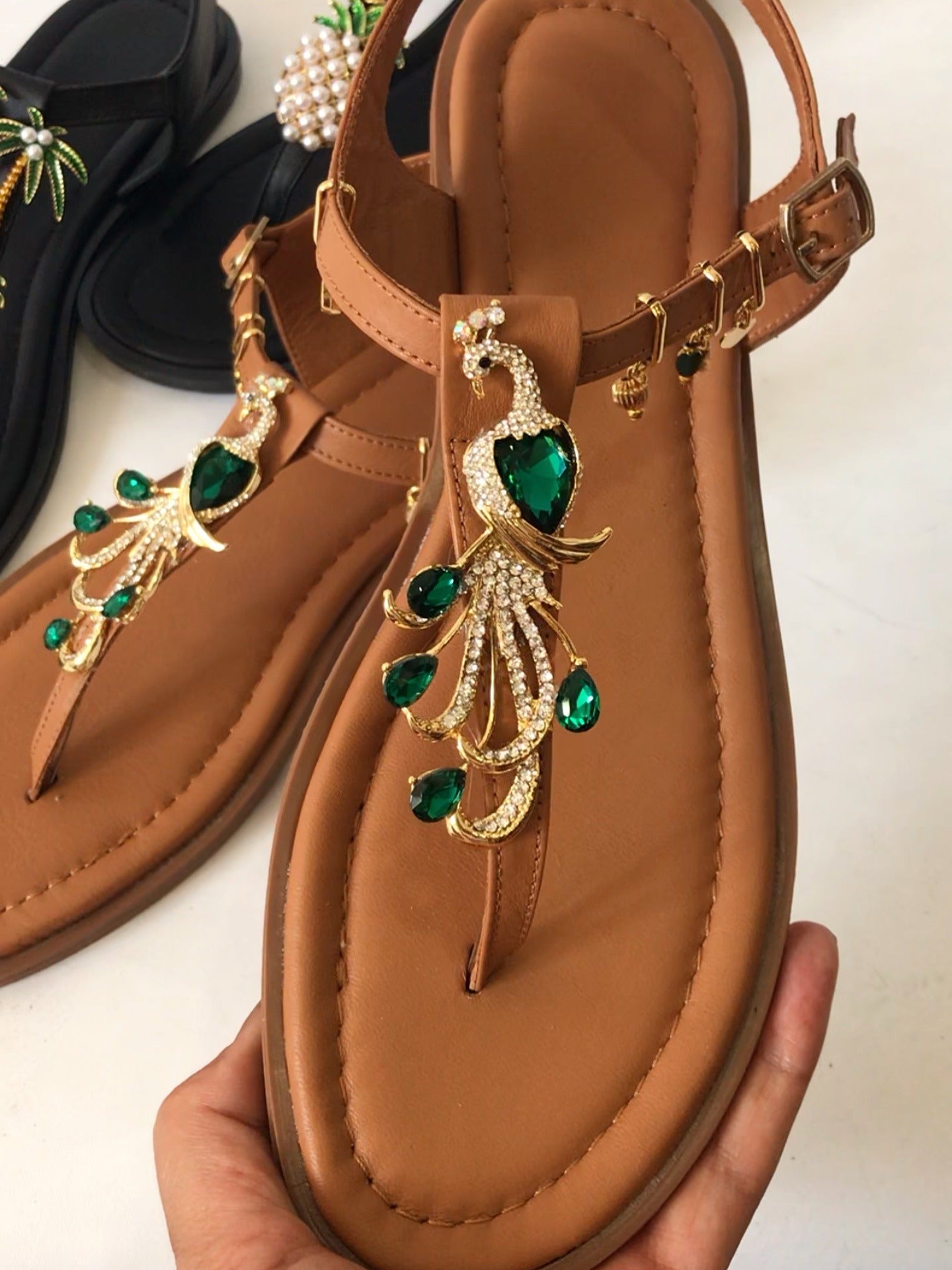 Green rhinestone sandals