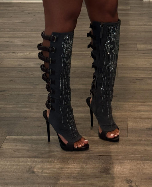 Crystal buckle open-toe high-heeled boots