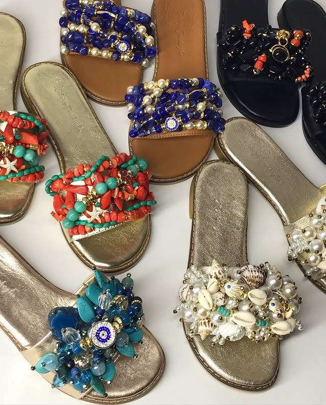 Genuine leather natural gemstone slippers