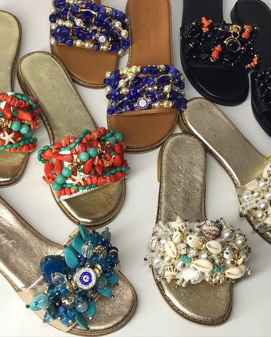 Genuine leather natural gemstone slippers