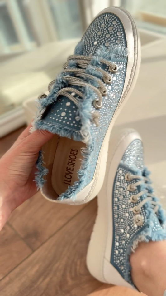 Blue diamond-studded denim sneakers