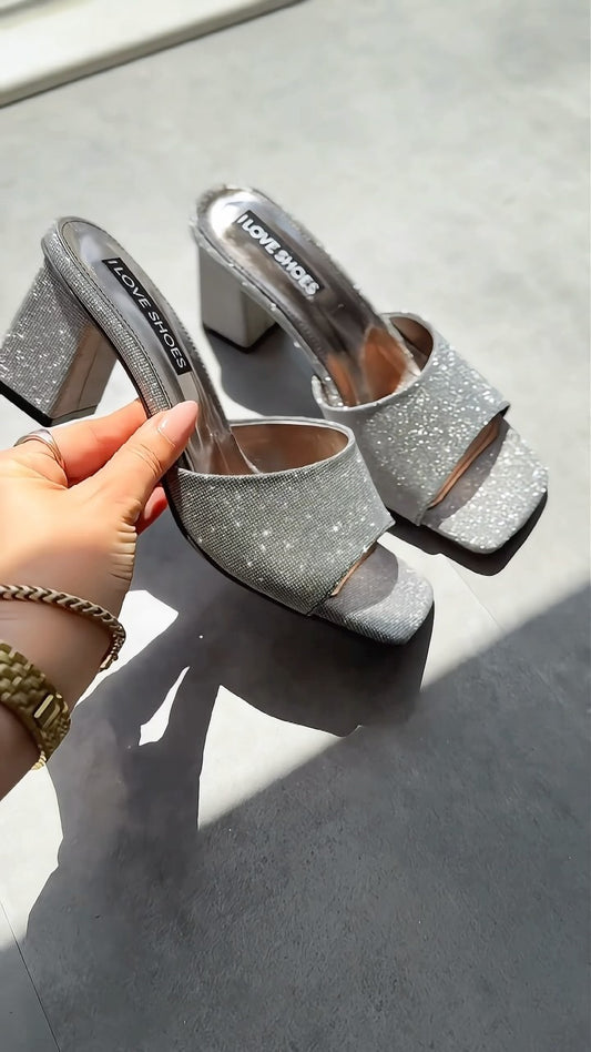 Silver diamond chunky heel women's shoes