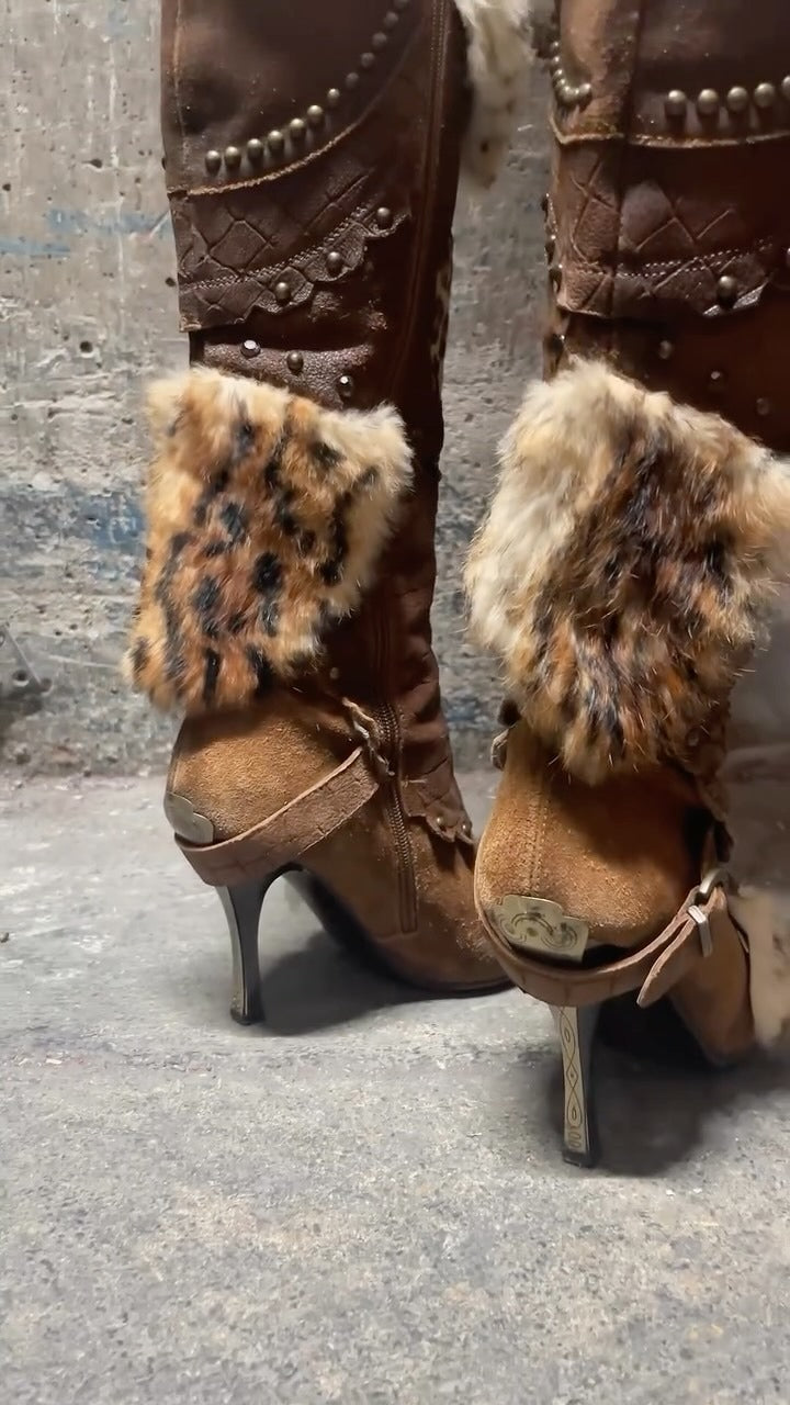 Leopard print fur-trimmed leather women's long boots