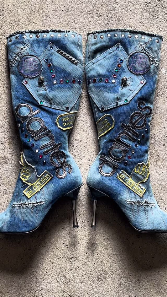 Denim letter-embellished rhinestone-studded high-heeled boots