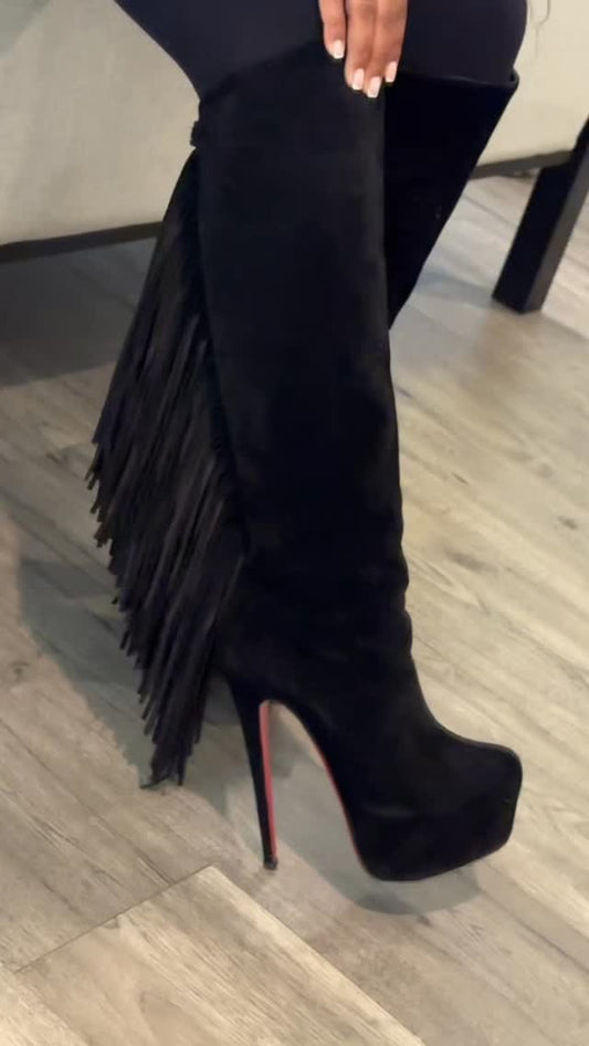 High-heeled tassel mid-length boots