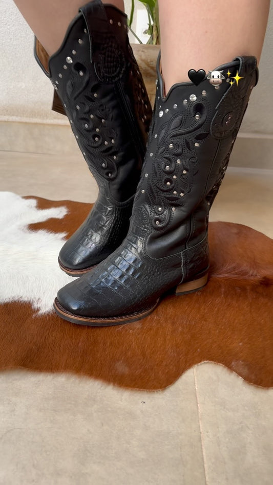 Crocodile-print leather boots