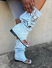 Blue denim open-toe ankle boots