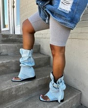 Blue denim open-toe ankle boots