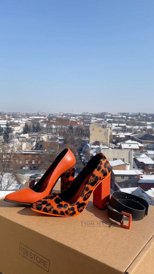 Orange leopard print chunky high heels