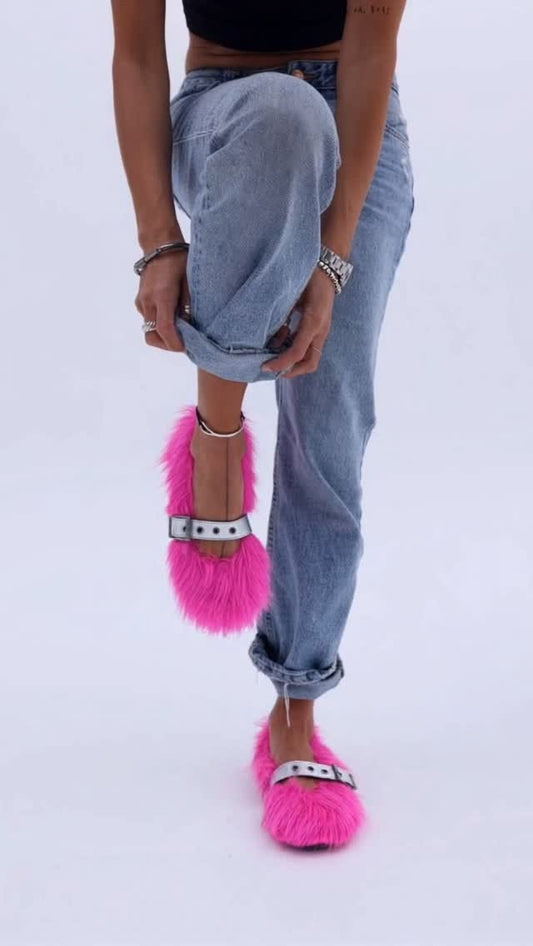 Pink furry sandals