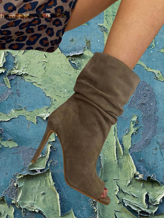 Khaki open-toe high-heeled ankle boots