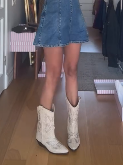 White patterned denim mid-length boots